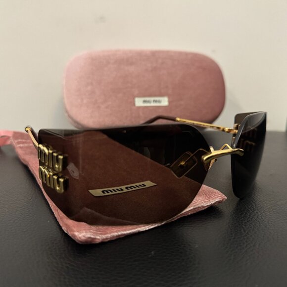 Miu Miu Oversized Brown Shield Sunglasses Gold Detail main image 8